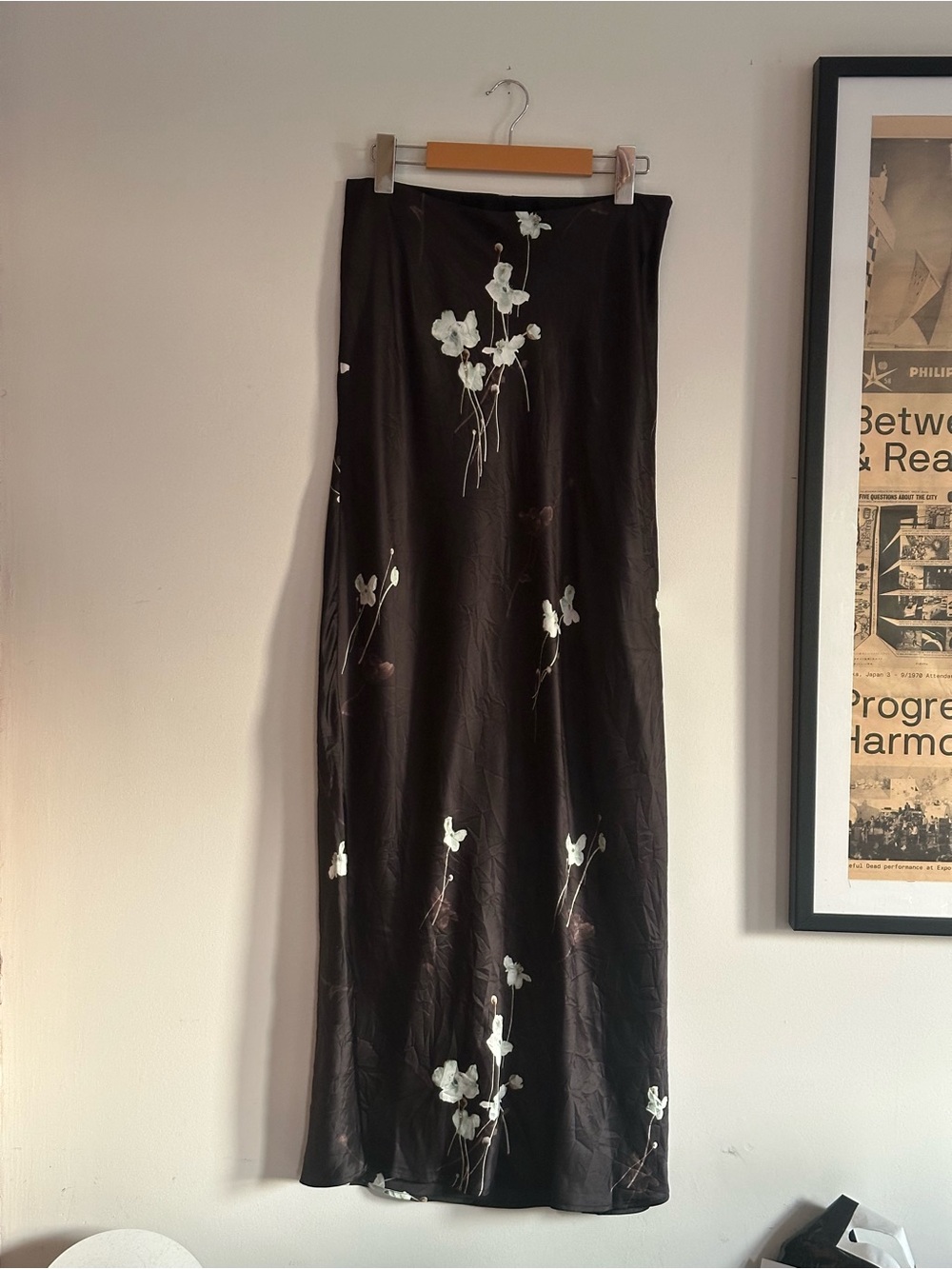 Calvin Klein Black Maxi Slip Skirt with White Floral Print